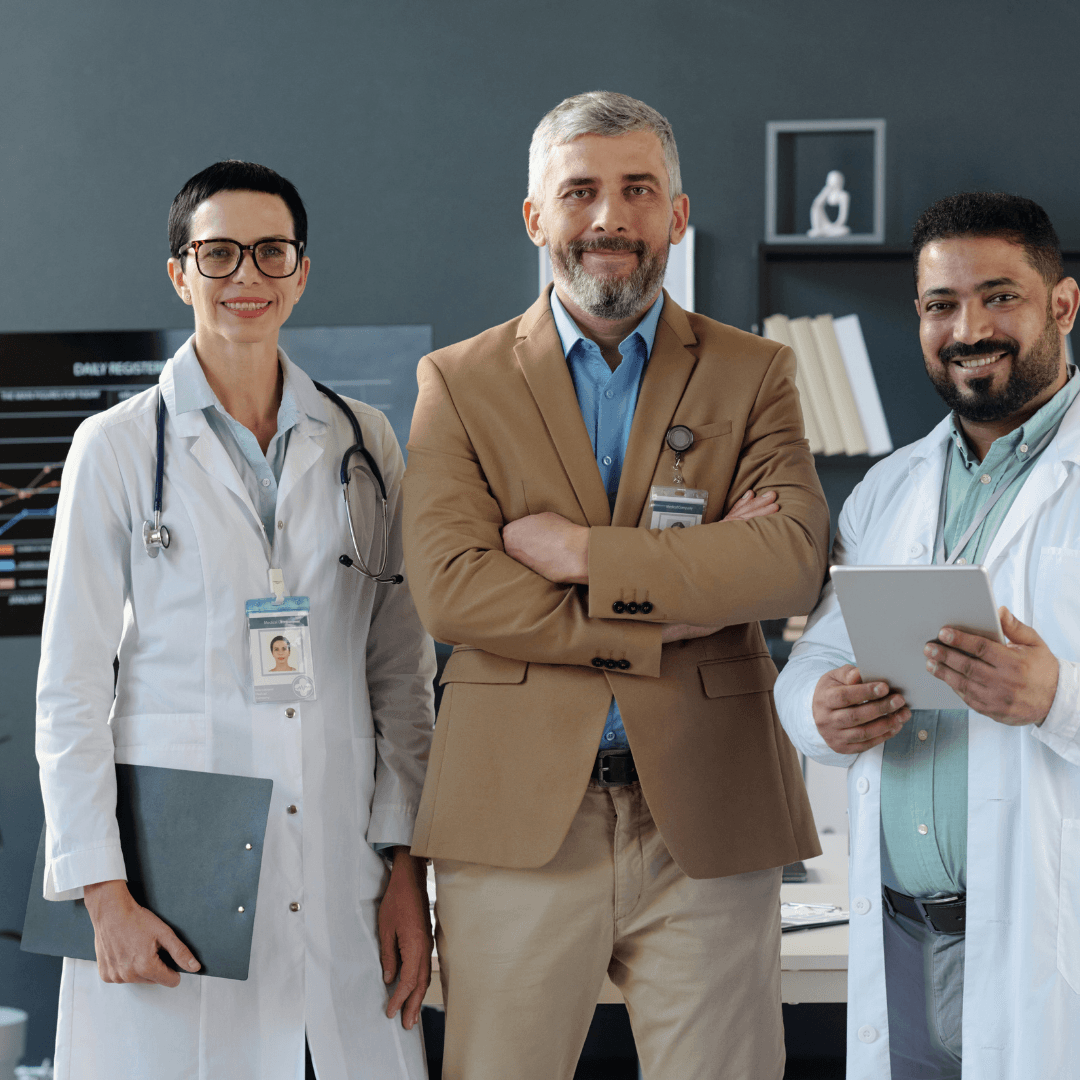 Medical professionals collaborating in a modern clinic office